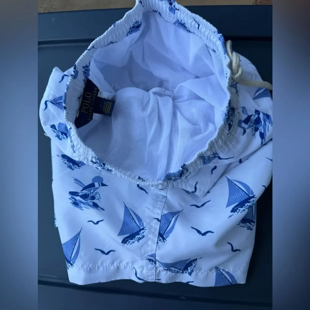 POLO RALPH LAUREN Traveler Polo Bear Swim Trunk Boys Size 7 Blue White
